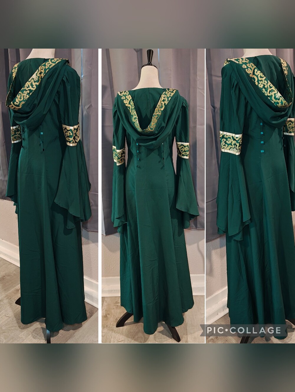Medieval Renaissance Hooded Gown w Trumpet Sleeves & Ornate Gold Brocade Panel. - Picture 5 of 8
